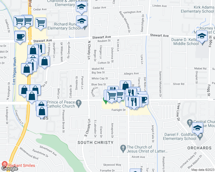 map of restaurants, bars, coffee shops, grocery stores, and more near 5625 Blue Sea Street in Las Vegas