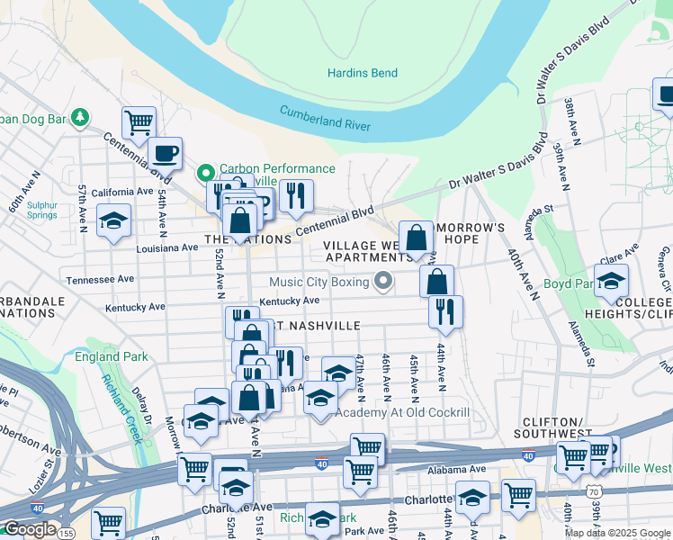 map of restaurants, bars, coffee shops, grocery stores, and more near 4720 Tennessee Avenue in Nashville