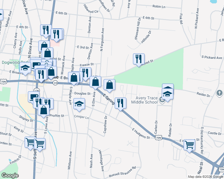 map of restaurants, bars, coffee shops, grocery stores, and more near 750 E Spring St in Cookeville