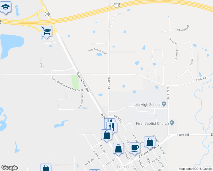 map of restaurants, bars, coffee shops, grocery stores, and more near 31076 South 4210 Road in Inola