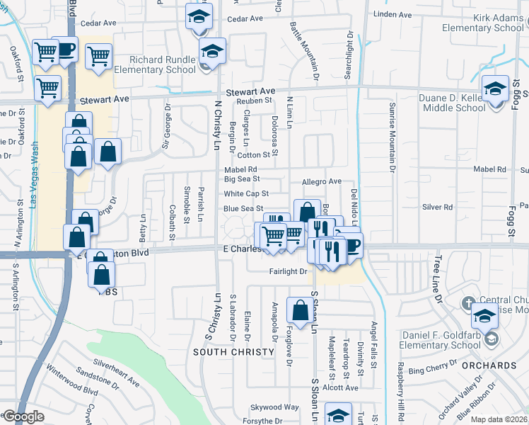 map of restaurants, bars, coffee shops, grocery stores, and more near 5631 Blue Sea Street in Las Vegas