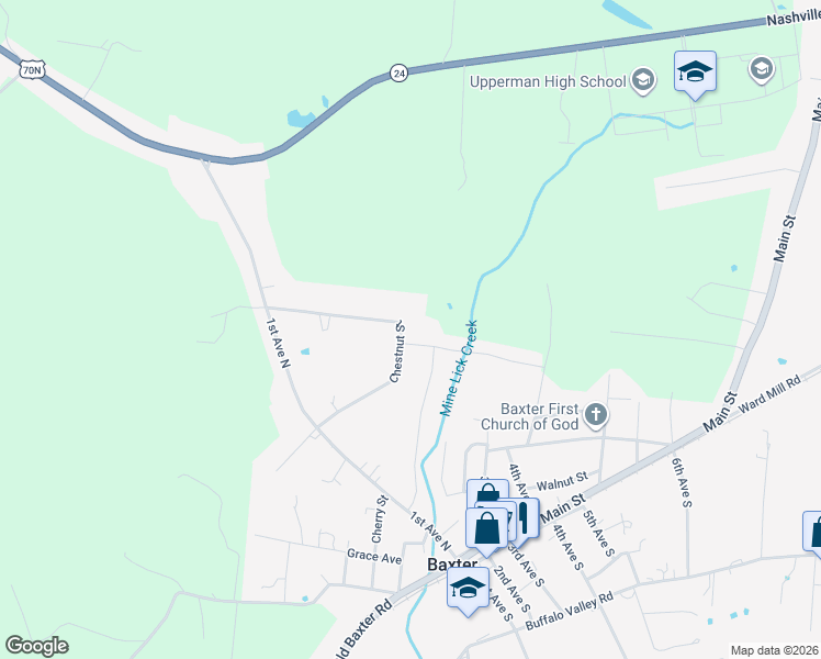 map of restaurants, bars, coffee shops, grocery stores, and more near 137 Chestnut Street in Baxter