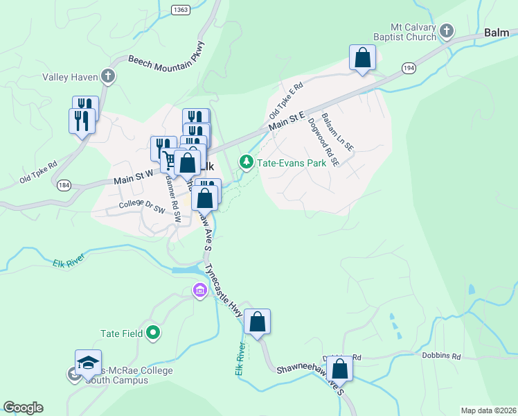 map of restaurants, bars, coffee shops, grocery stores, and more near 124 Hickory Circle in Banner Elk