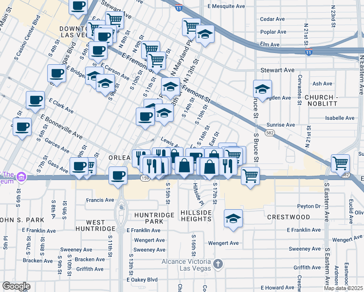 map of restaurants, bars, coffee shops, grocery stores, and more near 414 South 16th Street in Las Vegas