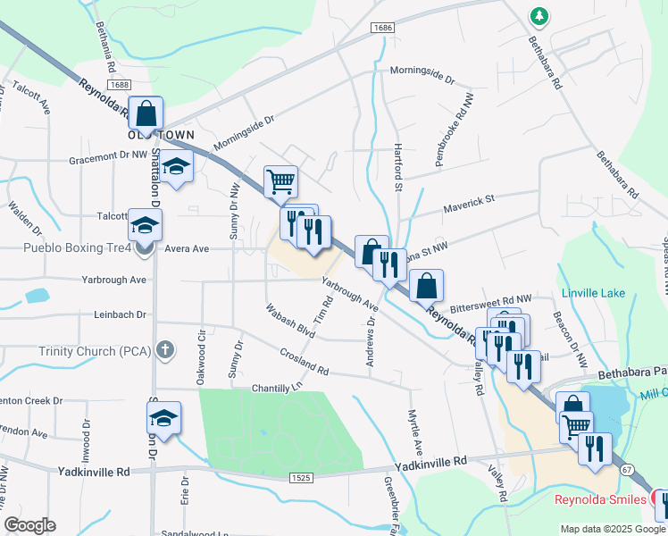 map of restaurants, bars, coffee shops, grocery stores, and more near 3705 Yarbrough Avenue in Winston-Salem