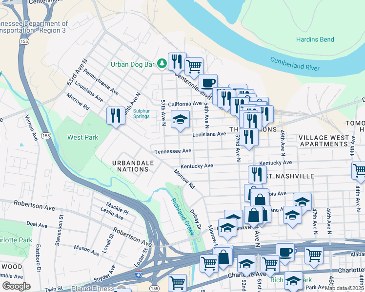 map of restaurants, bars, coffee shops, grocery stores, and more near 5605a Tennessee Avenue in Nashville