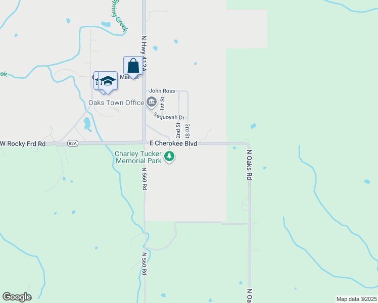 map of restaurants, bars, coffee shops, grocery stores, and more near 1030 Oklahoma 82A in Oaks