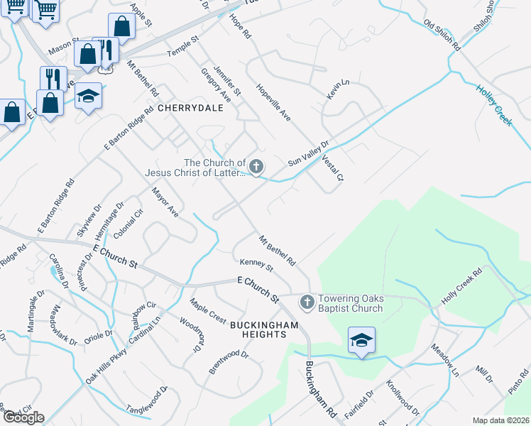 map of restaurants, bars, coffee shops, grocery stores, and more near 601 Mount Bethel Road in Greeneville