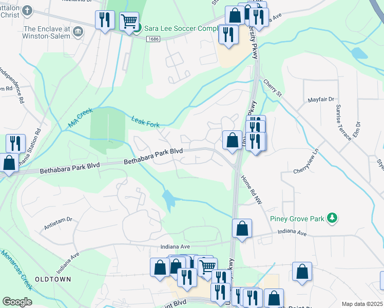 map of restaurants, bars, coffee shops, grocery stores, and more near 7013 Brandemere Lane in Winston-Salem