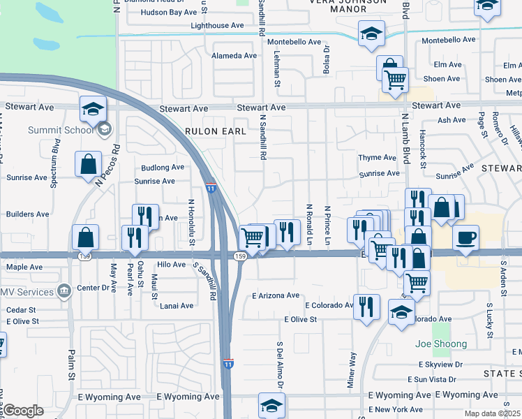map of restaurants, bars, coffee shops, grocery stores, and more near 54 Del Amo Drive in Las Vegas