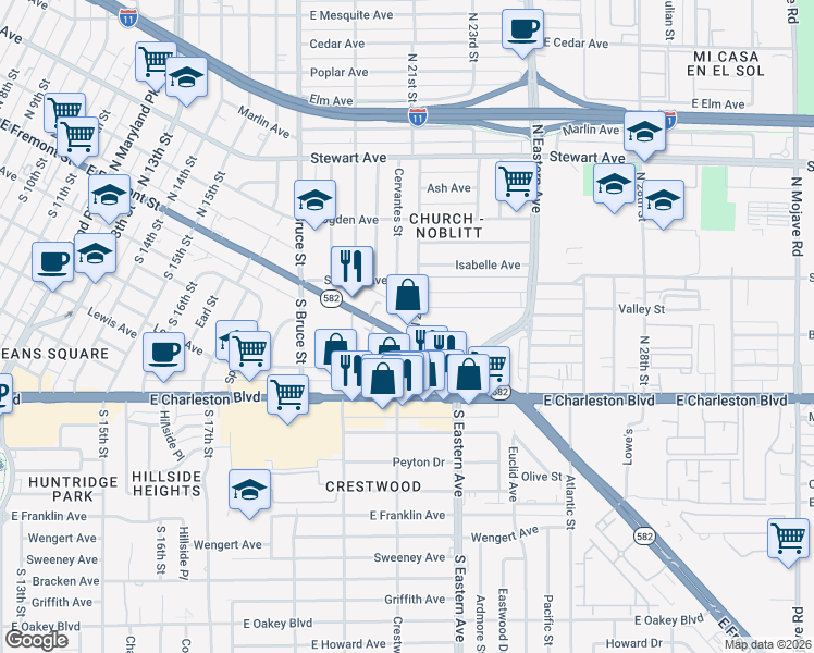 map of restaurants, bars, coffee shops, grocery stores, and more near 2030 Fremont Street in Las Vegas