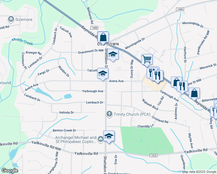 map of restaurants, bars, coffee shops, grocery stores, and more near 4629 Shattalon Drive in Winston-Salem