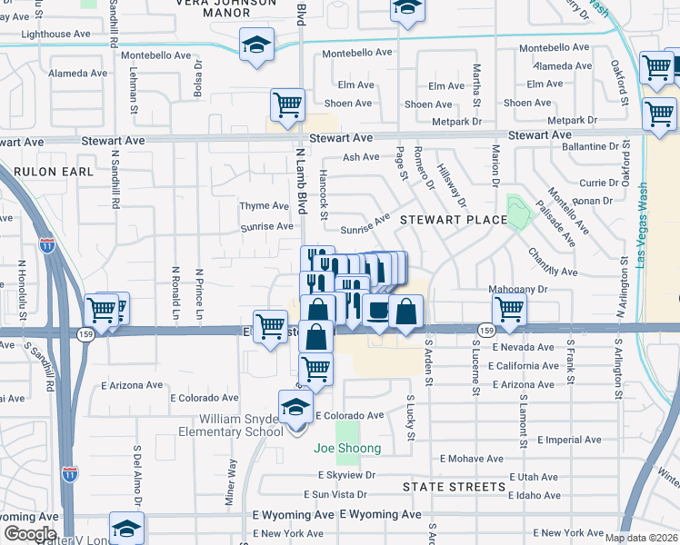 map of restaurants, bars, coffee shops, grocery stores, and more near 4425 East Sherrill Avenue in Las Vegas