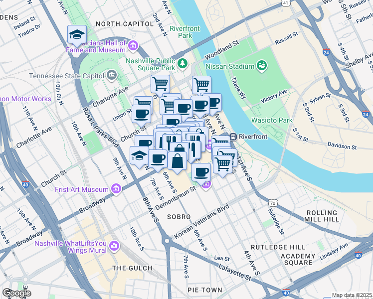 map of restaurants, bars, coffee shops, grocery stores, and more near in Nashville