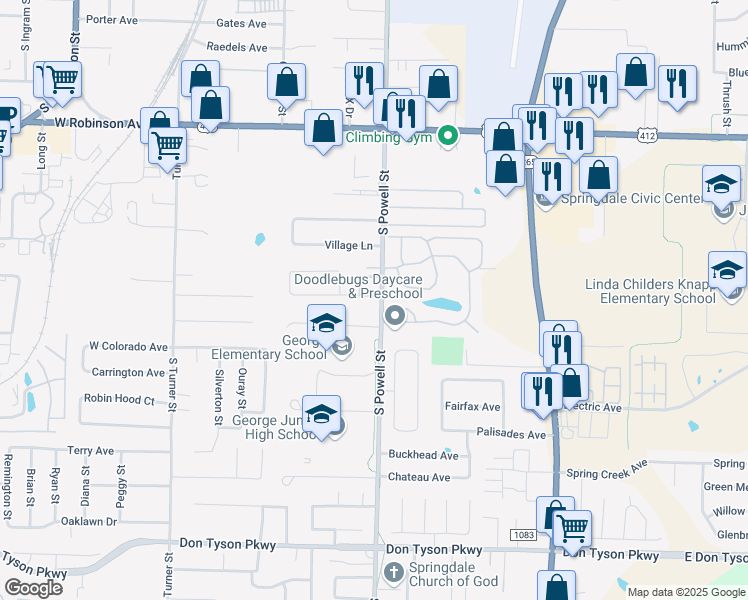 map of restaurants, bars, coffee shops, grocery stores, and more near 513 Hatfield Lane in Springdale