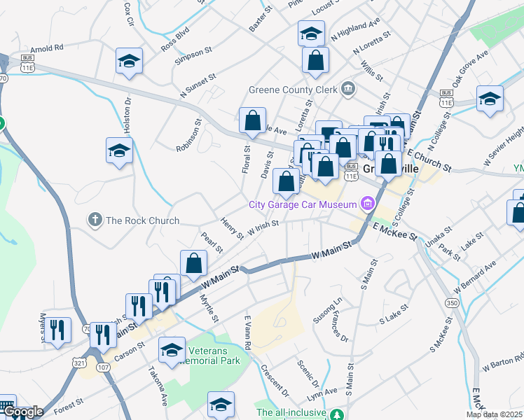 map of restaurants, bars, coffee shops, grocery stores, and more near 600 West Irish Street in Greeneville