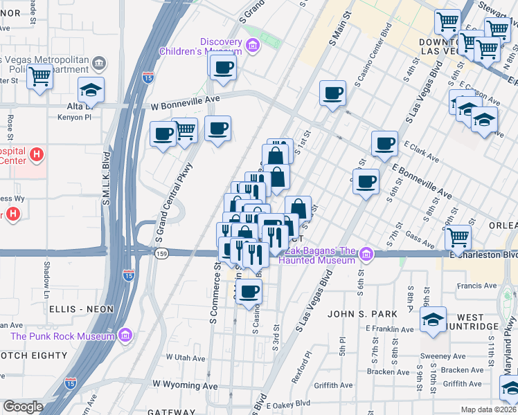 map of restaurants, bars, coffee shops, grocery stores, and more near 921 South Main Street in Las Vegas