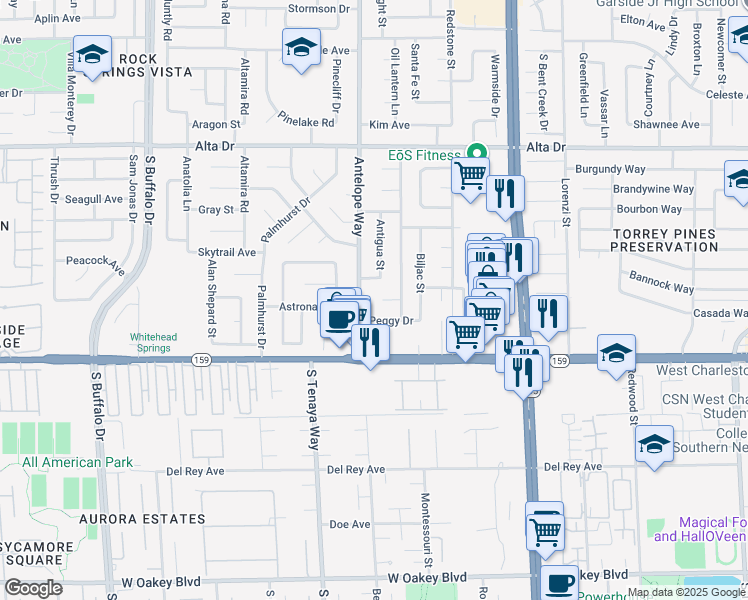 map of restaurants, bars, coffee shops, grocery stores, and more near 1004 Antelope Way in Las Vegas