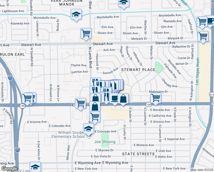 map of restaurants, bars, coffee shops, grocery stores, and more near 4437 East Sherrill Avenue in Las Vegas