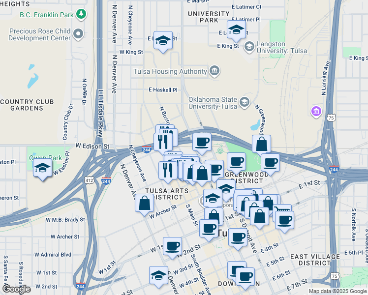 map of restaurants, bars, coffee shops, grocery stores, and more near 409 South Boston Avenue in Tulsa