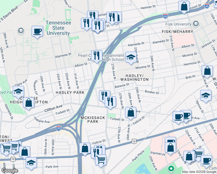 map of restaurants, bars, coffee shops, grocery stores, and more near 815 Lena Street in Nashville