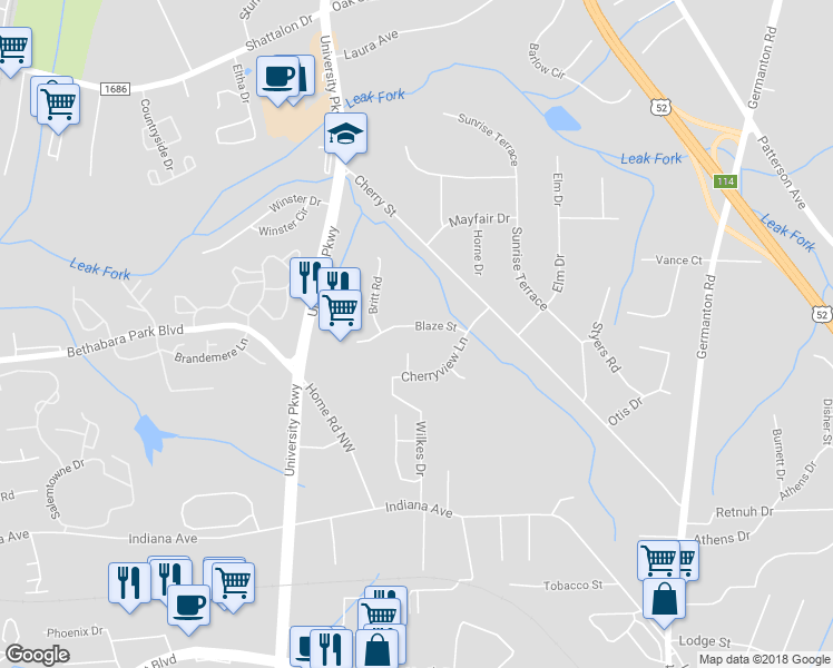 map of restaurants, bars, coffee shops, grocery stores, and more near 128 Blaze Street in Winston-Salem