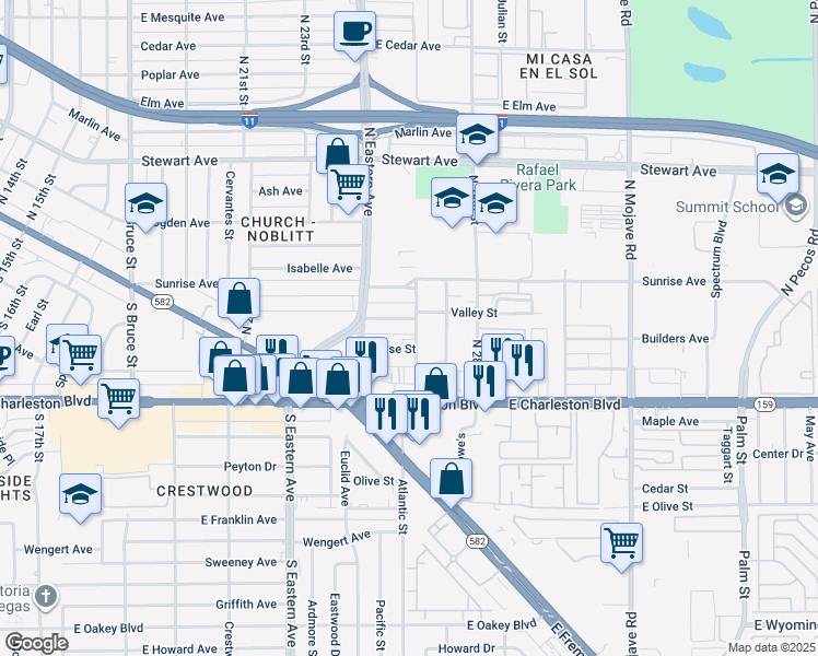 map of restaurants, bars, coffee shops, grocery stores, and more near 2538 Sunrise Street in Las Vegas