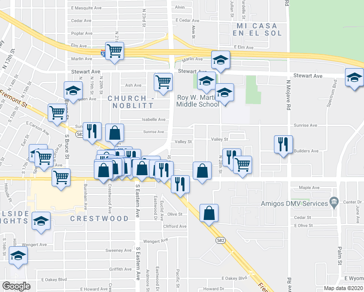 map of restaurants, bars, coffee shops, grocery stores, and more near 2538 Sunrise Street in Las Vegas