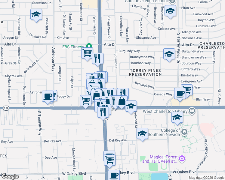 map of restaurants, bars, coffee shops, grocery stores, and more near Lorenzi Street in Las Vegas