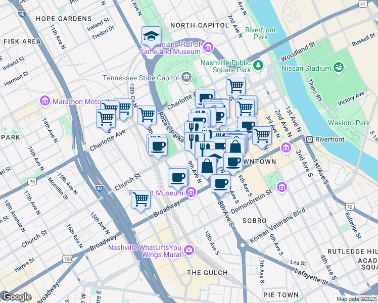 map of restaurants, bars, coffee shops, grocery stores, and more near 160 9th Avenue North in Nashville