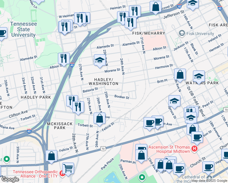 map of restaurants, bars, coffee shops, grocery stores, and more near 2407 Booker Street in Nashville