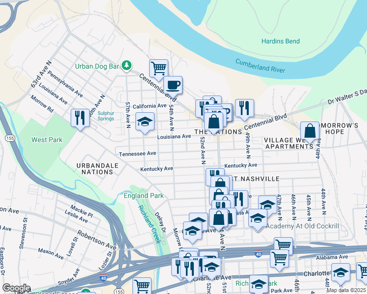 map of restaurants, bars, coffee shops, grocery stores, and more near 5215 Tennessee Avenue in Nashville