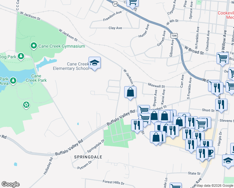 map of restaurants, bars, coffee shops, grocery stores, and more near 231 Eagles Landing Drive in Cookeville