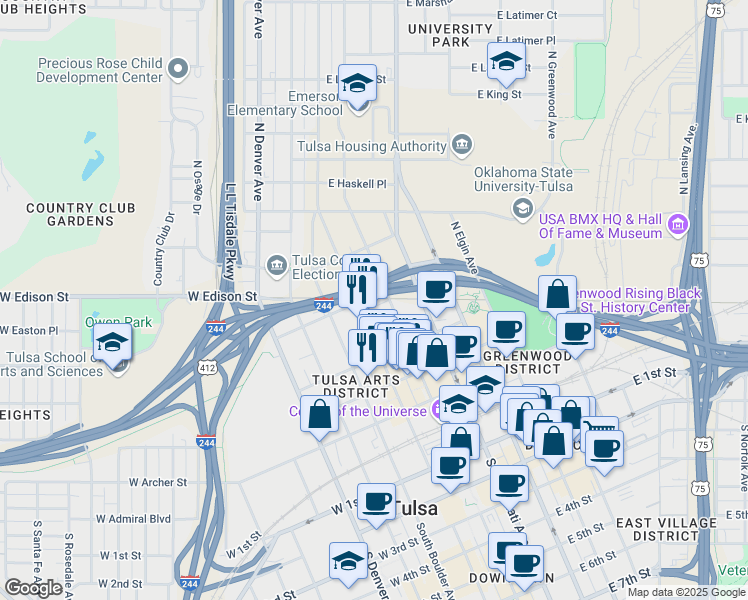 map of restaurants, bars, coffee shops, grocery stores, and more near 423 North Main Street in Tulsa