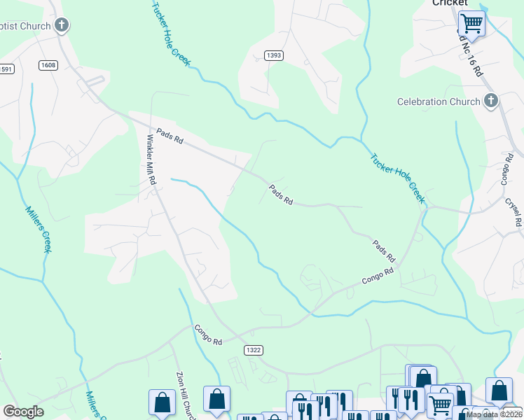 map of restaurants, bars, coffee shops, grocery stores, and more near 935 Pads Road in Wilkesboro