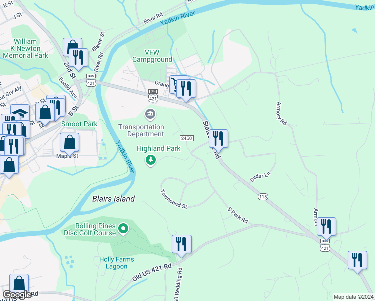 map of restaurants, bars, coffee shops, grocery stores, and more near 3 North Park Road in North Wilkesboro