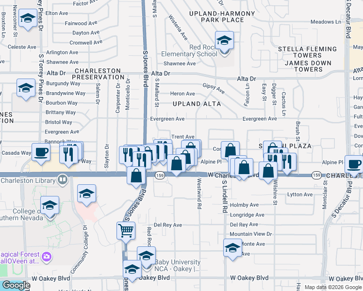 map of restaurants, bars, coffee shops, grocery stores, and more near 5800 Cory Place in Las Vegas