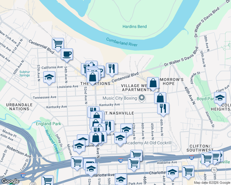 map of restaurants, bars, coffee shops, grocery stores, and more near 1200 49th Avenue North in Nashville