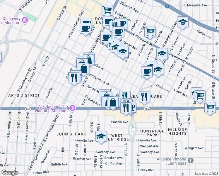 map of restaurants, bars, coffee shops, grocery stores, and more near 520 South 9th Street in Las Vegas