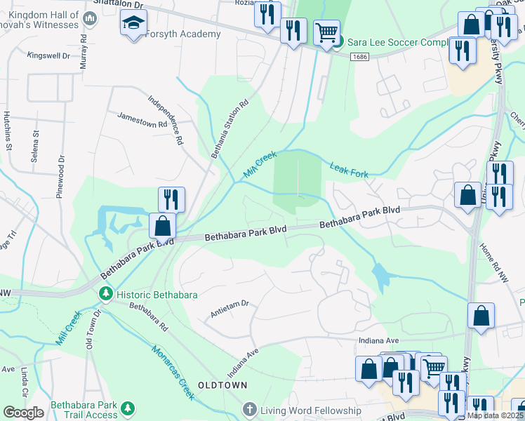 map of restaurants, bars, coffee shops, grocery stores, and more near 620 Bethabara Pointe Circle in Winston-Salem