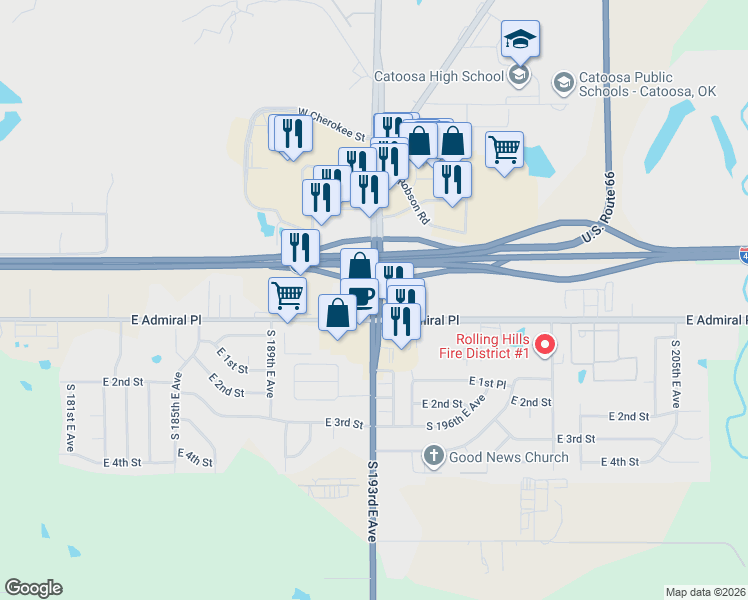 map of restaurants, bars, coffee shops, grocery stores, and more near East Highway 66 in Catoosa