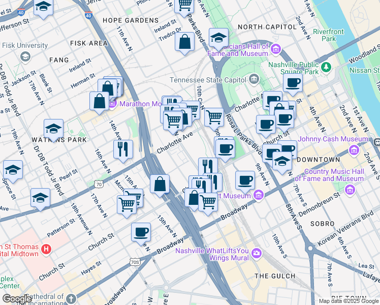 map of restaurants, bars, coffee shops, grocery stores, and more near 300 11th Avenue North in Nashville