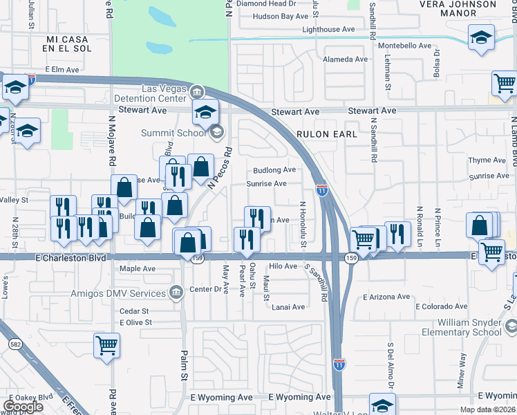 map of restaurants, bars, coffee shops, grocery stores, and more near 64 North Pearl Street in Las Vegas