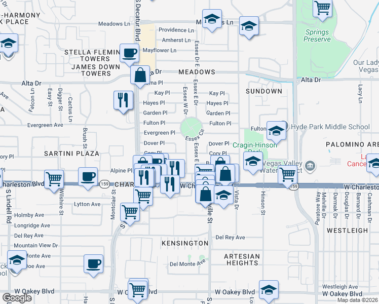 map of restaurants, bars, coffee shops, grocery stores, and more near 829 Essex Drive West in Las Vegas