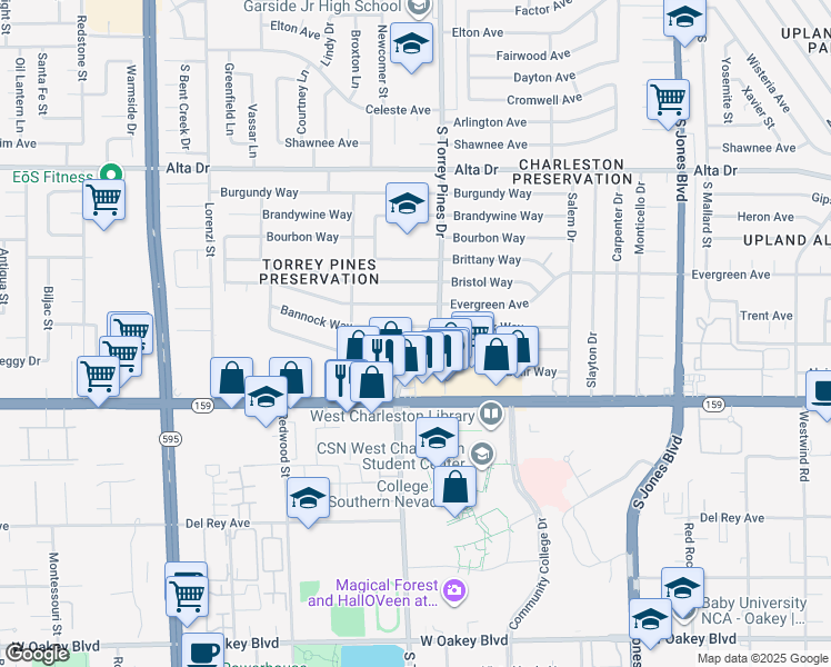map of restaurants, bars, coffee shops, grocery stores, and more near 6421 Evergreen Avenue in Las Vegas