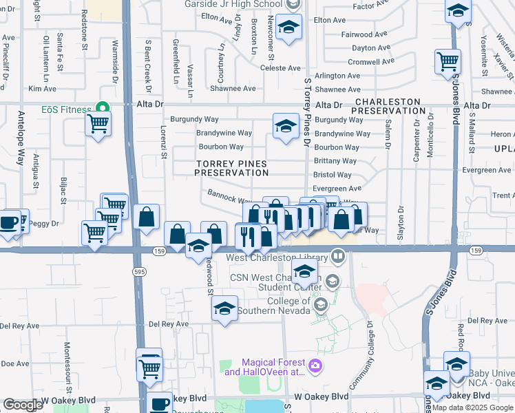 map of restaurants, bars, coffee shops, grocery stores, and more near 6449 Evergreen Avenue in Las Vegas