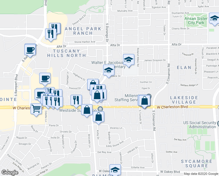 map of restaurants, bars, coffee shops, grocery stores, and more near 850 South Durango Drive in Las Vegas