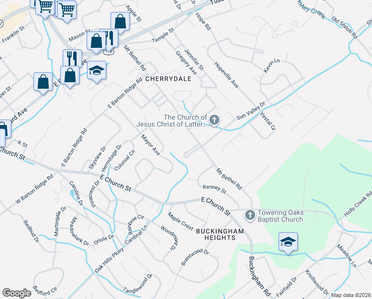map of restaurants, bars, coffee shops, grocery stores, and more near 327 Mount Bethel Road in Greeneville