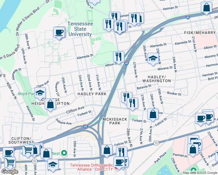map of restaurants, bars, coffee shops, grocery stores, and more near 913 30th Avenue North in Nashville