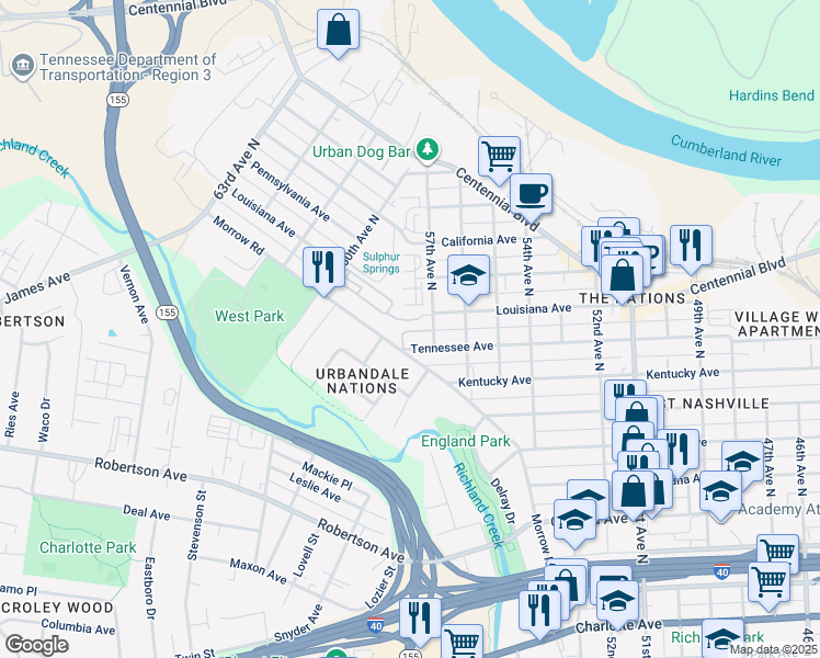 map of restaurants, bars, coffee shops, grocery stores, and more near 106 West Mill Drive in Nashville